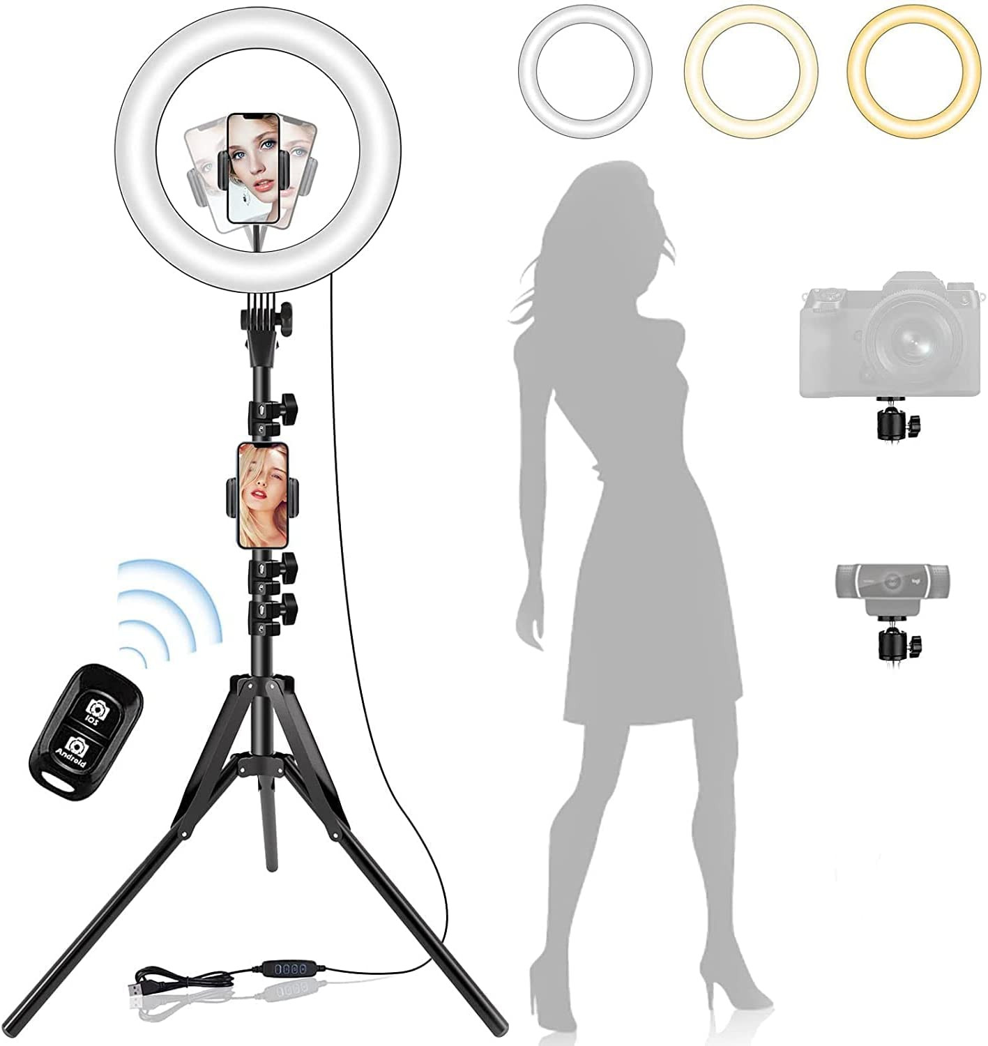 12" Ring Light with 63" Tripod Stand and 2 Phone Holder, Selfie Ring Light